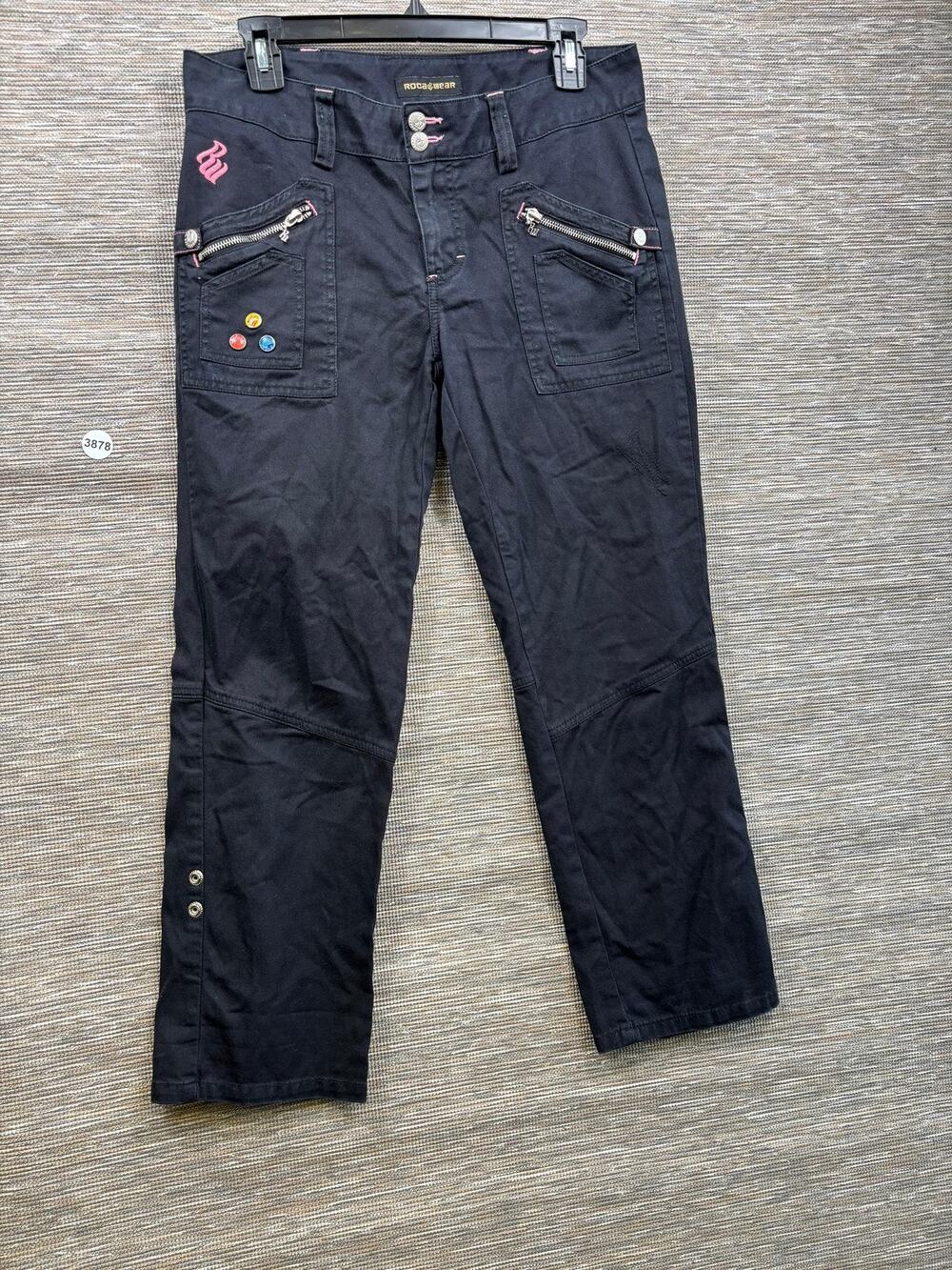 Rocawear Cargo Pants Womens 9 Black Twill Zip Pocket Embroidered Logo Streetwear